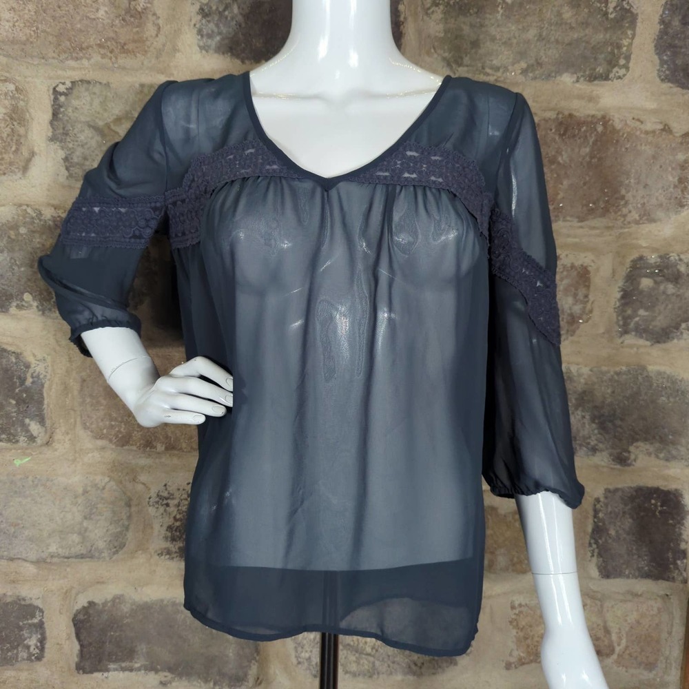 Lauren Conrad Blouse Blue Lace Sheer Tunic Top Women's Size Small 3/4 Sleeve